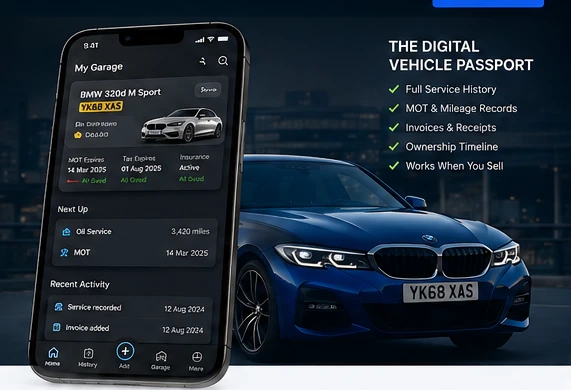 MotorPass concept showing the iOS garage and digital vehicle history interface
